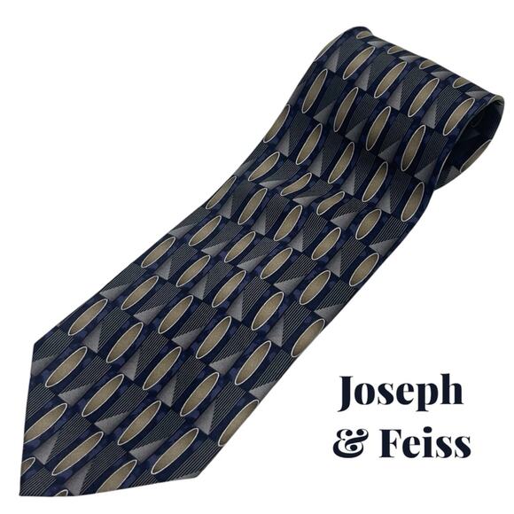 Joseph & Feiss Black Navy Silver Geometric Pure Silk Career Office Necktie NWOT - Picture 1 of 6